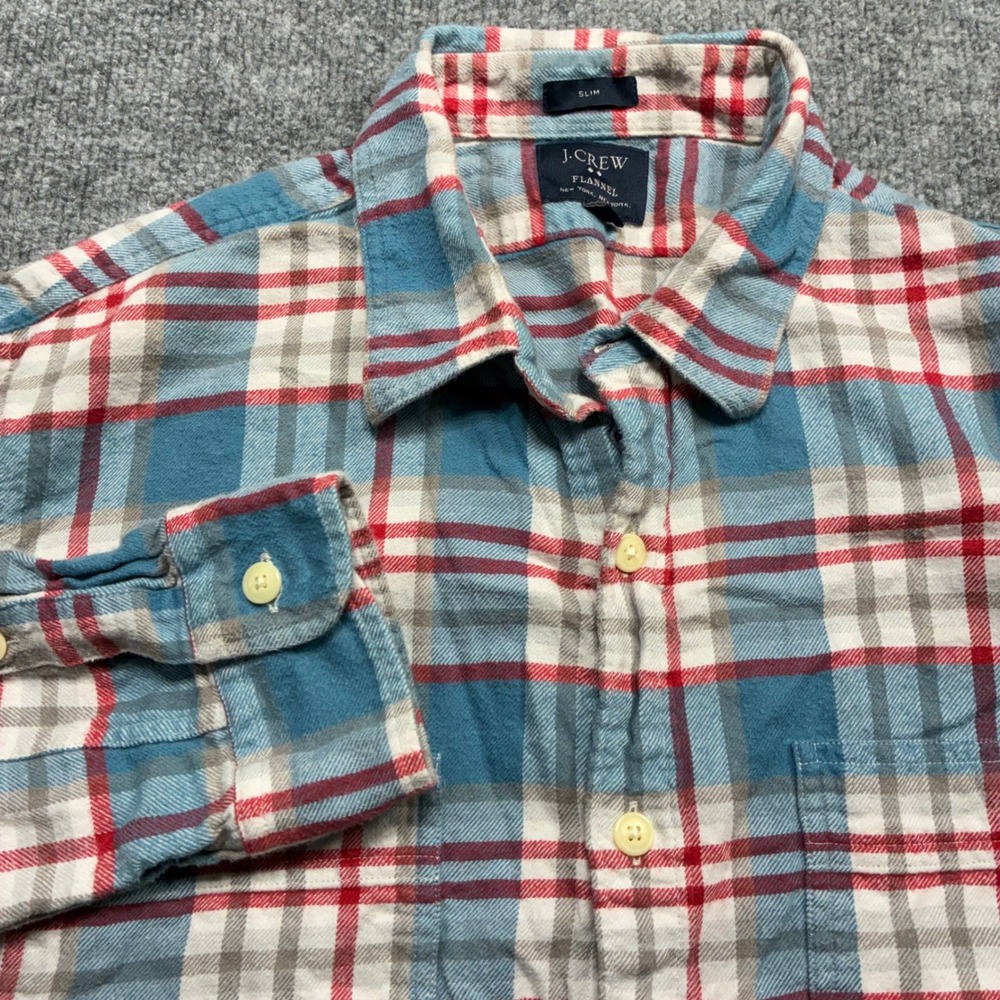 J.Crew Flannel Shirt Mens L Blue Red Plaid Slim Fit Button Up Long Sleeve Preppy
